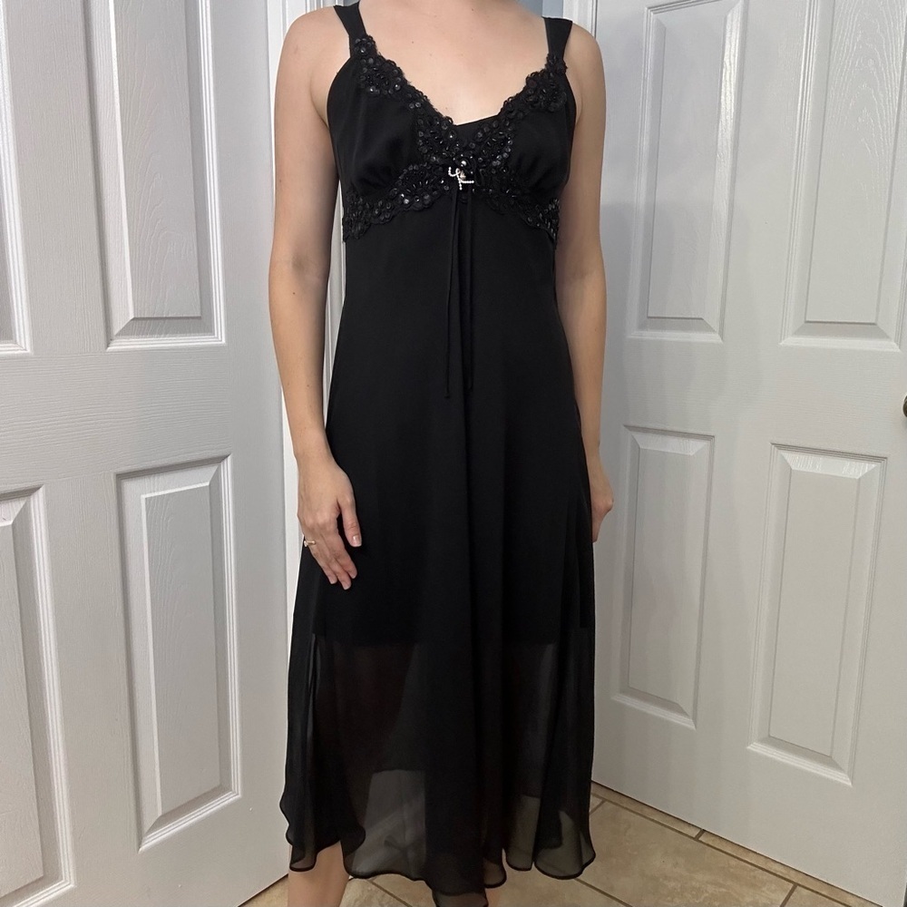 Vintage Lingerie Slip Dress Sheer Mesh Black Gothic Sequin Fairy Coquette Medium